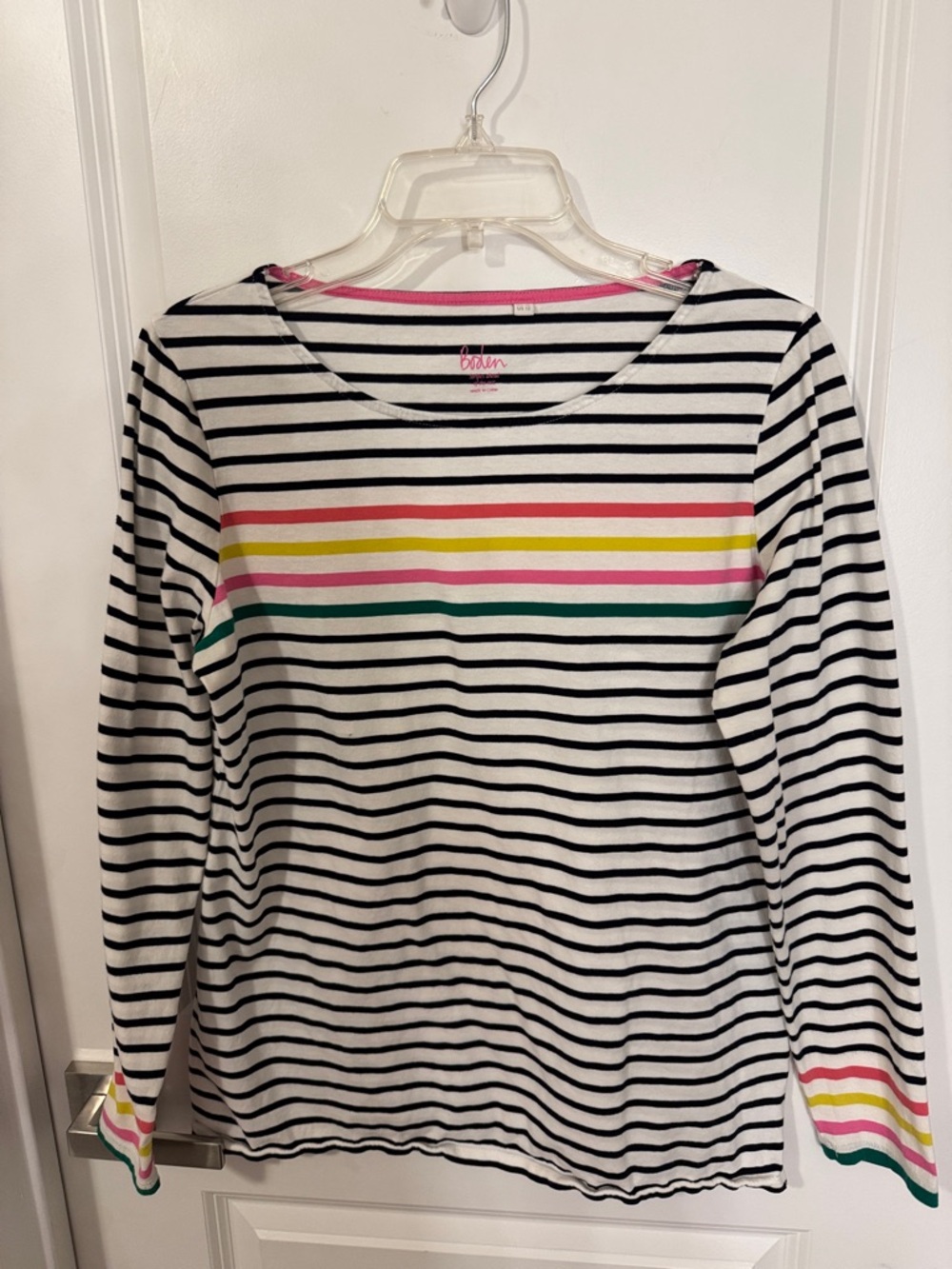 Boden White Black Striped Long Sleeve Tee with Pink Yellow Green Accent Stripes